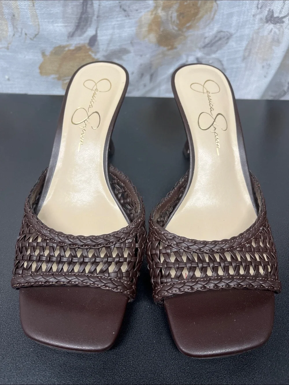 Jessica Simpson Dark Brown Woven Faux Leather Square Toe Mule Heels